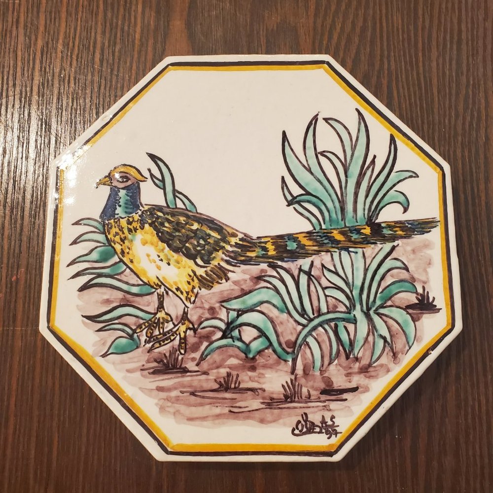 Vintage Pheasant Grass Bird Octagonal Trivet Ceramic Tile Cork Backing 5.5"